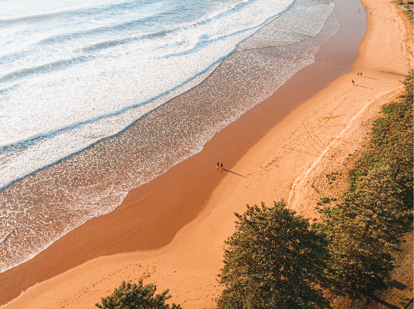 Beach scene with waves and a person walking along the shore