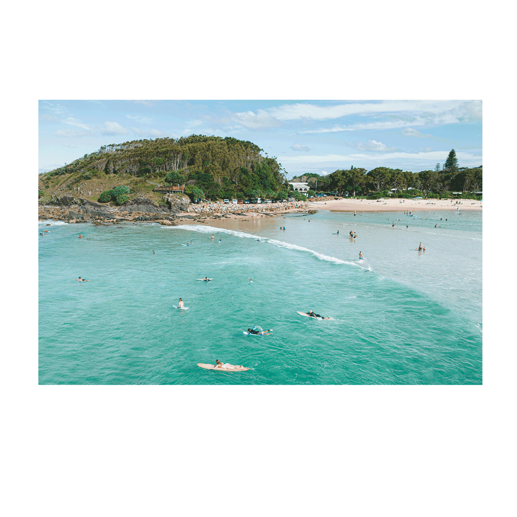 A dreamy, sunlit coastal scene at Scotts Head, NSW, featuring a surfer gliding across shimmering ocean waters. The blurred foreground of green coastal foliage adds depth to the tranquil seaside moment.