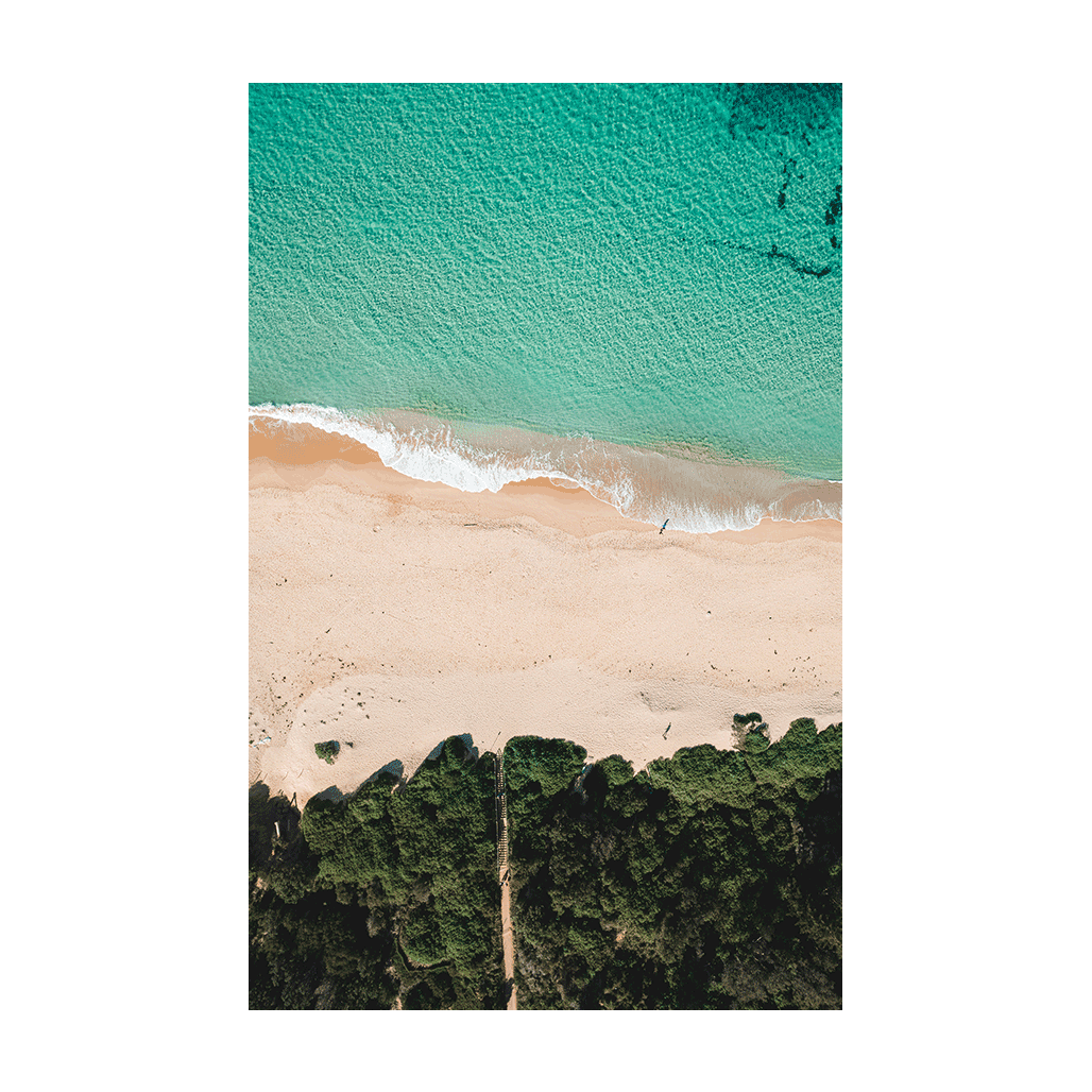 Aerial view of Forresters Beach, NSW, featuring a winding sandy track through coastal greenery leading to turquoise waters.