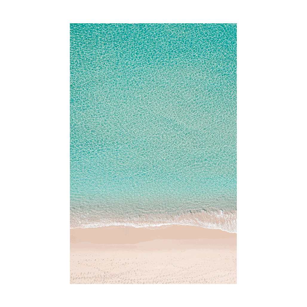 A tranquil aerial print of Forresters Beach, NSW, showcasing the meeting of turquoise waters and untouched sand.