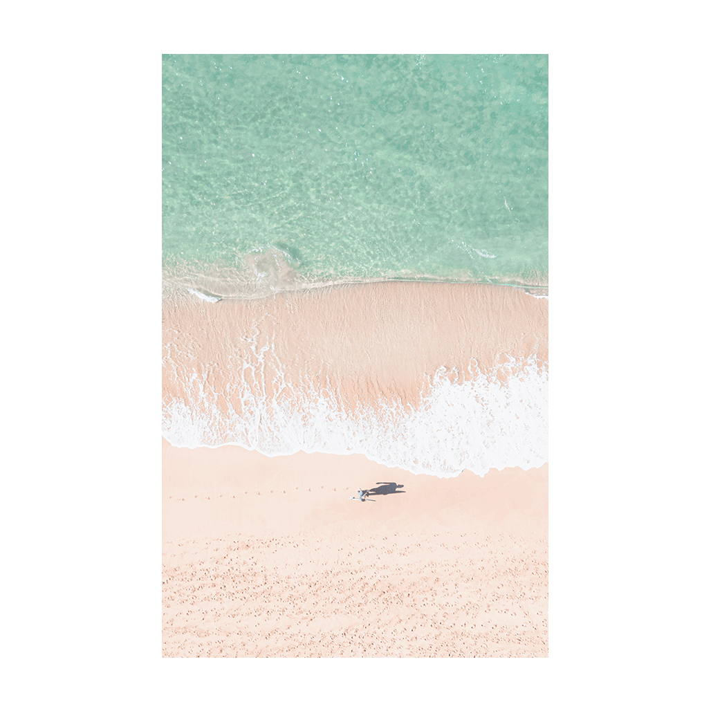 Aerial view of North Avoca Beach, NSW, featuring a person and their dog resting on soft sand near turquoise waters.