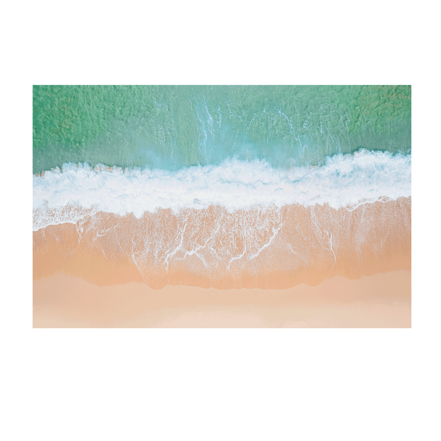 An aerial view of Wamberal Beach, NSW, showcasing waves washing onto golden sand with soft aqua and turquoise ocean tones.