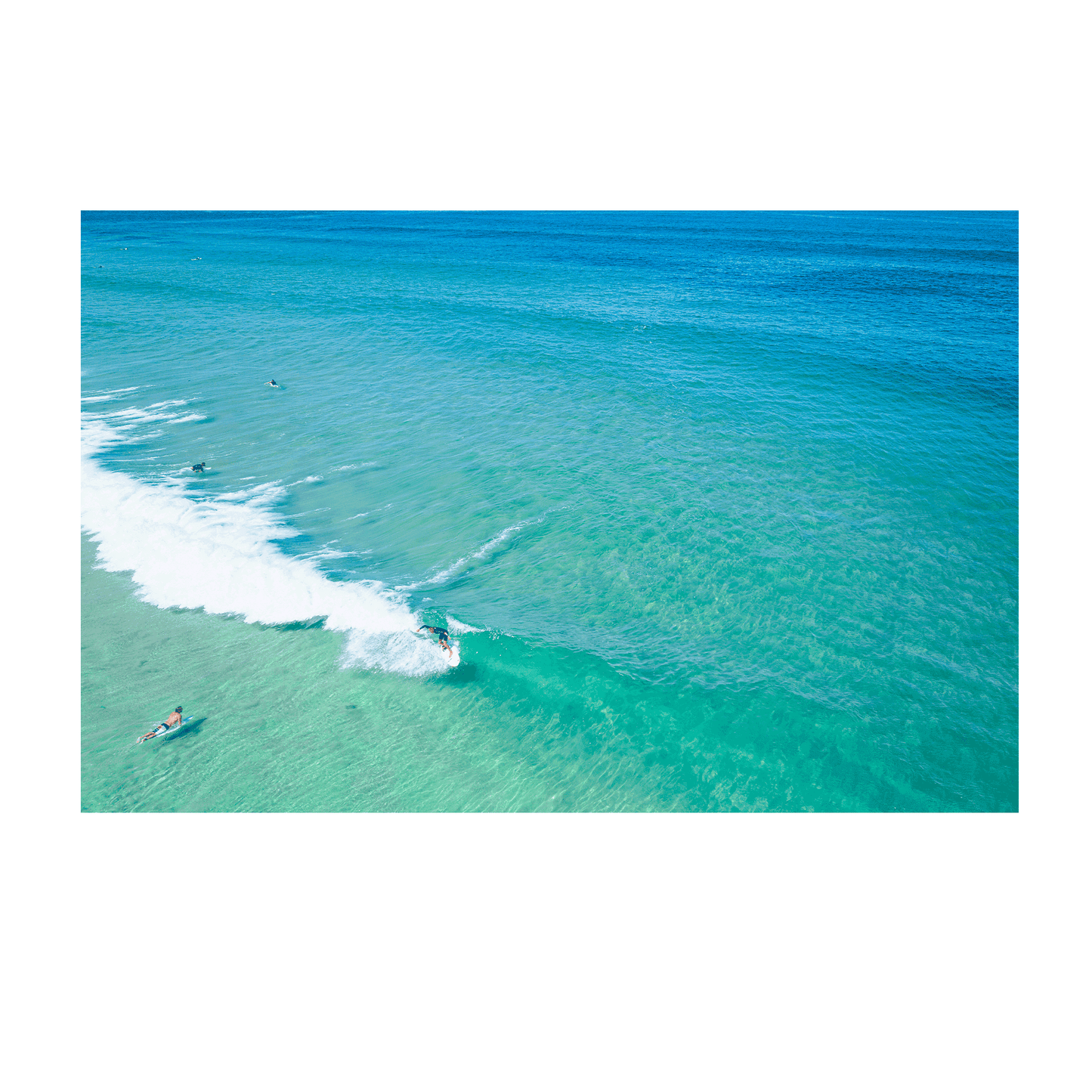 📸 An aerial view of Wamberal Beach, NSW, featuring a surfer riding a perfect wave while others float in tranquil turquoise waters.