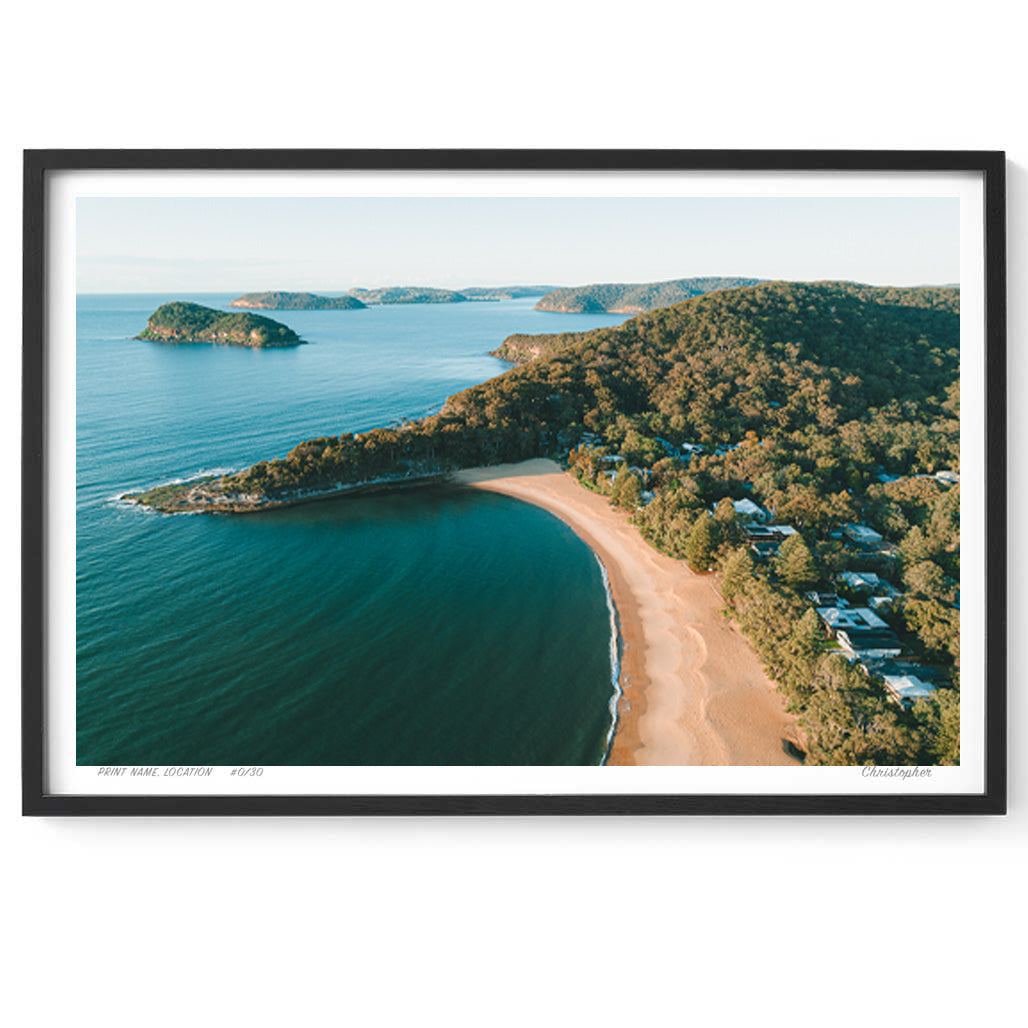 Pearls in the distance – Aerial Coastal Print of Pearl Beach & Lion Island, NSW