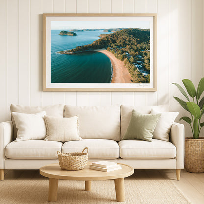 Pearls in the distance – Aerial Coastal Print of Pearl Beach & Lion Island, NSW